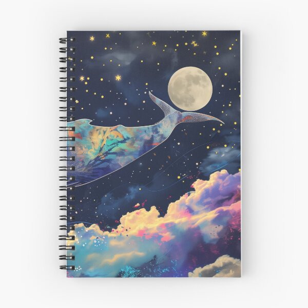 Item preview, Abstract collage of a big whale flying over the night sky covered with stars, moon, and clouds.  Vivid colors. Vintage background.	 designed and sold by Soft Oddity.