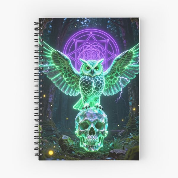 Item preview, Neon Mystic Owl on Crystal Skull – Glowing Dark Fantasy Forest, Sacred Geometry, Gothic Magic, Cyber Owl Artwork designed and sold by DervoTeck2767.