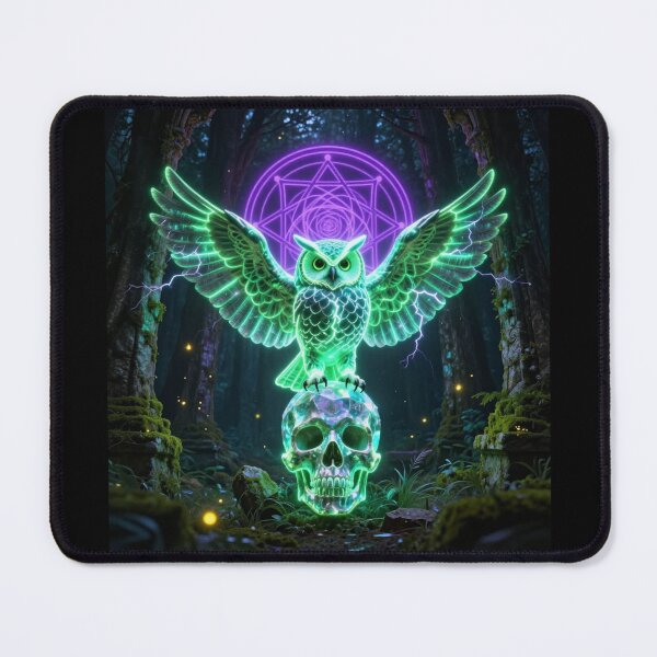Item preview, Neon Mystic Owl on Crystal Skull – Glowing Dark Fantasy Forest, Sacred Geometry, Gothic Magic, Cyber Owl Artwork designed and sold by DervoTeck2767.