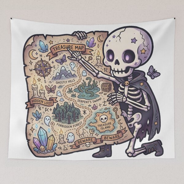 Item preview, Explorador esqueleto señalando un tesoro mágico de fantasía designed and sold by MisteryDesigner.