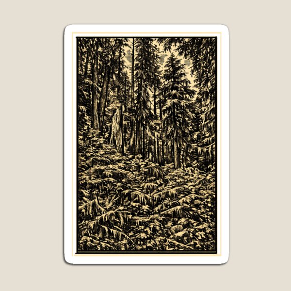 Item preview, Mossy Redwoods Forest | Linocut Nature Sticker & Postcard designed and sold by Linoluca.