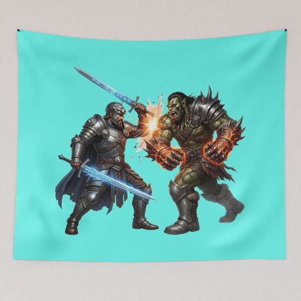 Item preview, Gladiator vs Orc Tyrant - Epic Fantasy RPG Art designed and sold by Utopian-Magic.