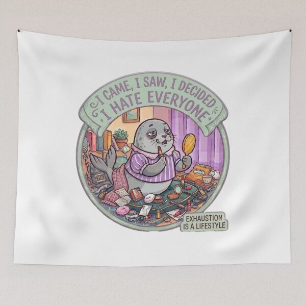 Item preview, Funny Seal Exhaustion Meme - Exhaustion is a Lifestyle Sticker Art designed and sold by Fatomfatom.