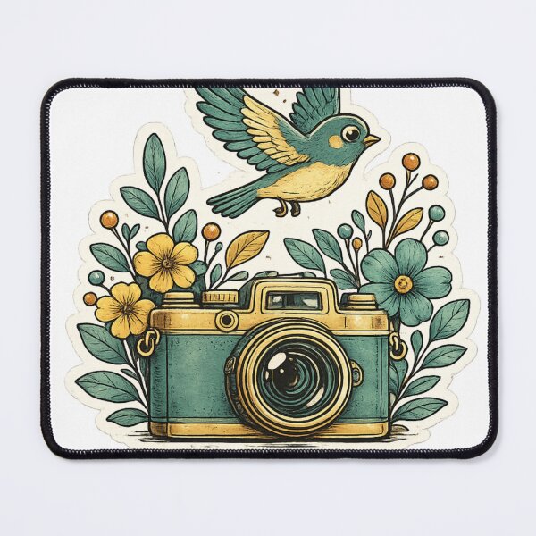 Item preview, Vintage Camera with Blue Bird Floral Illustration | Retro Nature Sticker designed and sold by Saeed Ahmad.