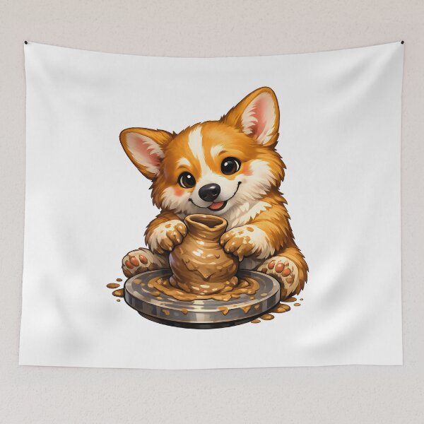Item preview, Corgi Pottery Artist – Cute Dog Shaping a Crooked Clay Vase designed and sold by builtforyou.