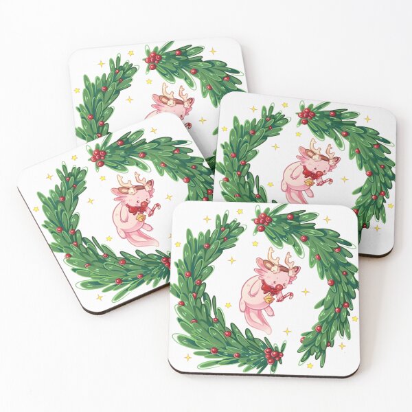 Item preview, Cute Pink Axolotl with Reindeer Antlers in Christmas Wreath designed and sold by Orbit-Kitty.