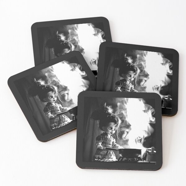 Item preview, Creepy Doll Cooking in Haunted Kitchen – Black and White Horror Art designed and sold by inkoutninja.