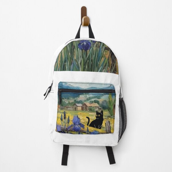 Item preview, Black Cat in Blue Irises Field - Impressionist Oil Painting Landscape designed and sold by PurrfectHome.