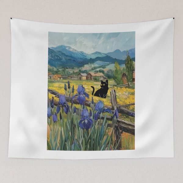 Item preview, Black Cat in Blue Irises Field - Impressionist Oil Painting Landscape designed and sold by PurrfectHome.