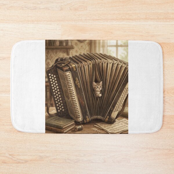 Item preview, Tiny Kitten Peeking from a Giant Vintage Accordion Miniature Illustration designed and sold by DuckOddity.