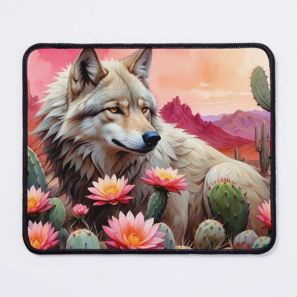 Item preview, White Wolf Among Blooming Desert Cactus designed and sold by KiraChie.