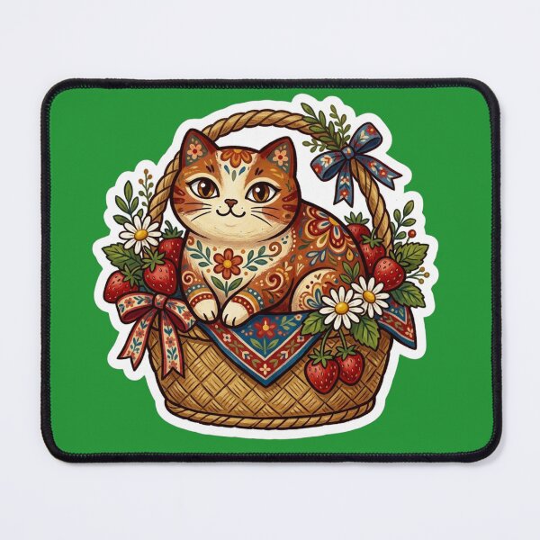 Item preview, Strawberry Basket Cat Sticker | Cottagecore Folk Art Kitty designed and sold by Iampoji.