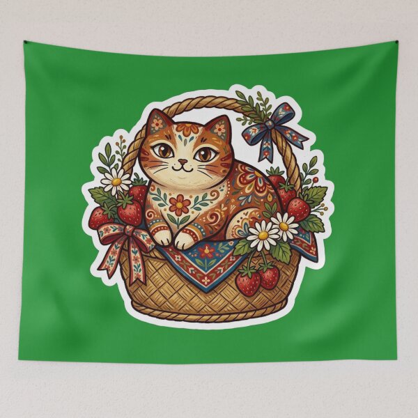 Item preview, Strawberry Basket Cat Sticker | Cottagecore Folk Art Kitty designed and sold by Iampoji.