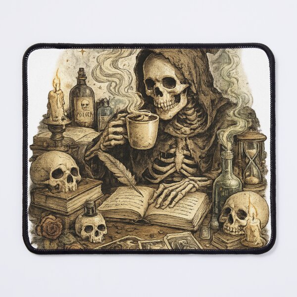 Item preview, Vintage Skeleton Coffee Illustration | Gothic Grim Reaper Reading Book Retro designed and sold by Saeed Ahmad.