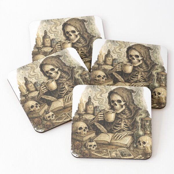 Item preview, Vintage Skeleton Coffee Illustration | Gothic Grim Reaper Reading Book Retro  designed and sold by Saeed  Ahmad.
