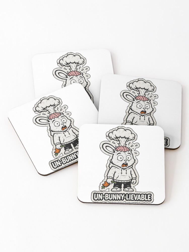 Thumbnail 1 of 5, Coasters (Set of 4), UN-BUNNY-LIEVABLE Exploding Brain Rabbit Sticker designed and sold by bunnymode.