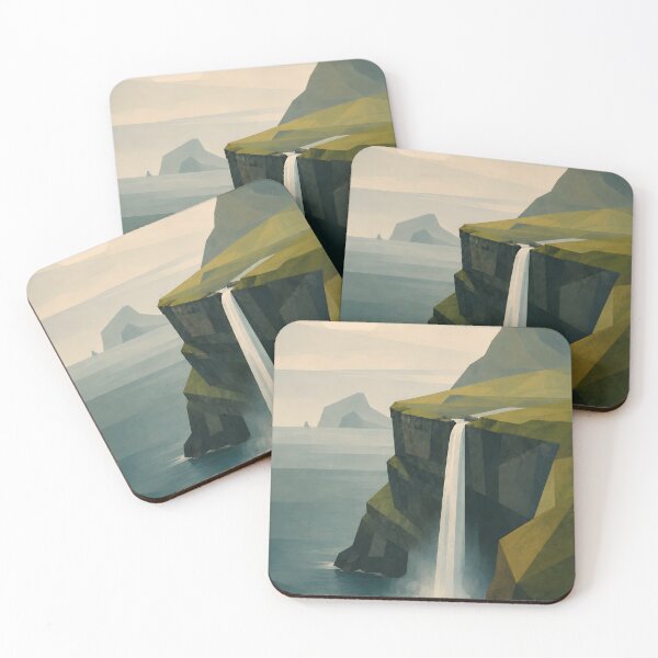 Item preview, Faroe Islands Wall Art – Múlafossur Waterfall Minimalist Travel Poster Nordic Coast Print designed and sold by Martin's_Design.