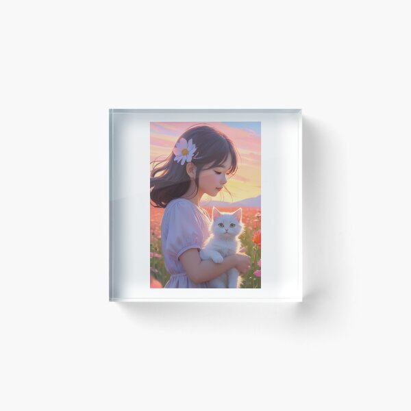 Item preview, Illustration - Child and Cat, Bucolic Scene at Sunset designed and sold by AnimeShin.