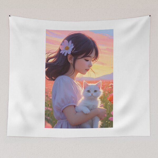 Item preview, Illustration - Child and Cat, Bucolic Scene at Sunset designed and sold by AnimeShin.