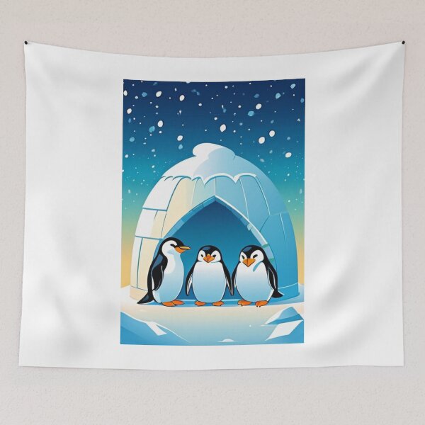 Item preview, Illustration - Emperor Penguins in Front of an Igloo, Childlike Winter Atmosphere designed and sold by AnimeShin.
