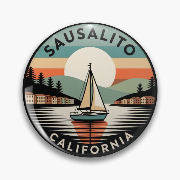 Item preview, Sausalito California: Color Sailboat, Hillside Homes & Retro Sunset Badge designed and sold by CircinusStore.