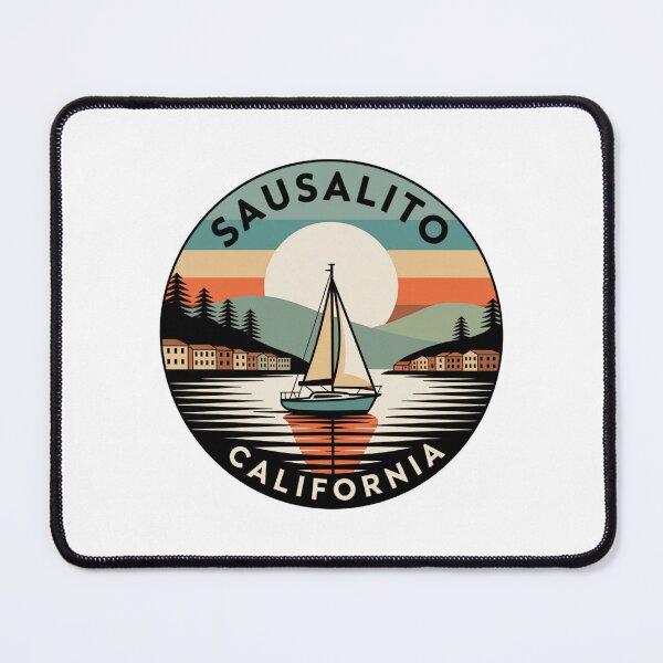 Item preview, Sausalito California: Color Sailboat, Hillside Homes & Retro Sunset Badge designed and sold by CircinusStore.