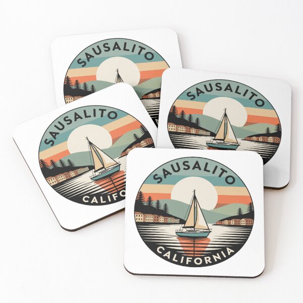 Item preview, Sausalito California: Color Sailboat, Hillside Homes & Retro Sunset Badge designed and sold by CircinusStore.