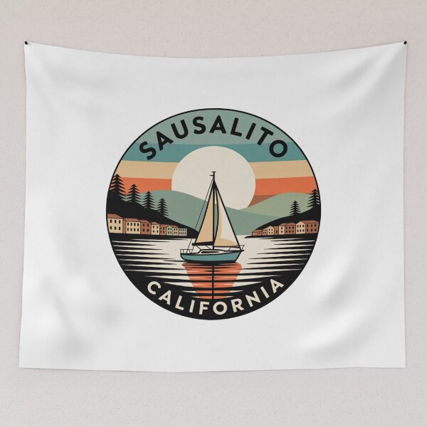 Item preview, Sausalito California: Color Sailboat, Hillside Homes & Retro Sunset Badge designed and sold by CircinusStore.