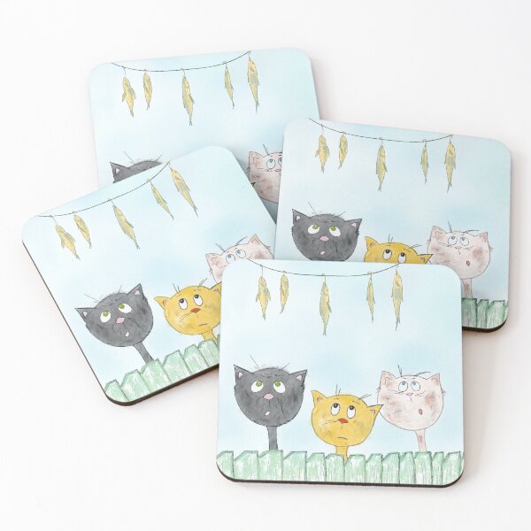 Item preview, Three Curious Cats Watching Hanging Fish  designed and sold by The Whimsy Nest Art.