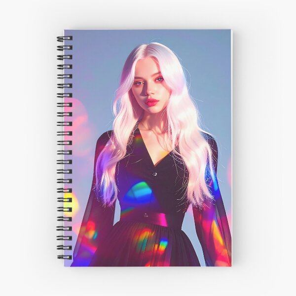 Item preview, Ethereal White-Haired Muse in Black Dress with Vibrant Rainbow Light Effects designed and sold by ToxicInkArt.