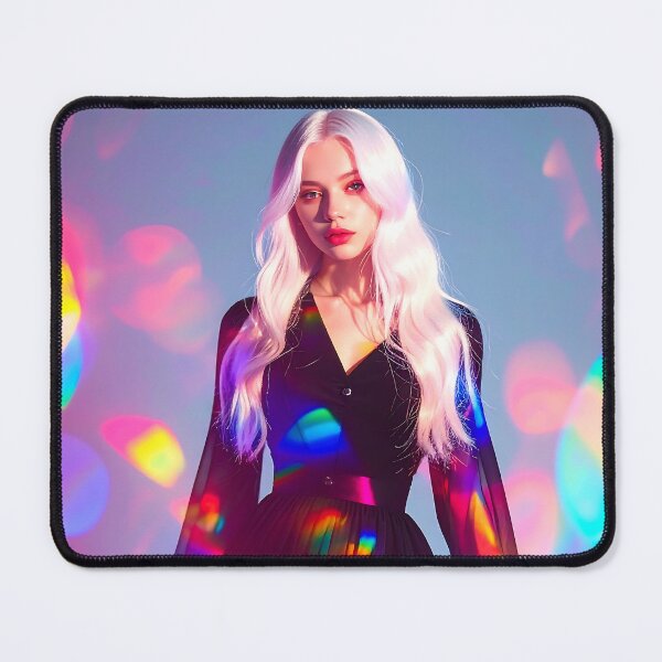 Item preview, Ethereal White-Haired Muse in Black Dress with Vibrant Rainbow Light Effects designed and sold by ToxicInkArt.