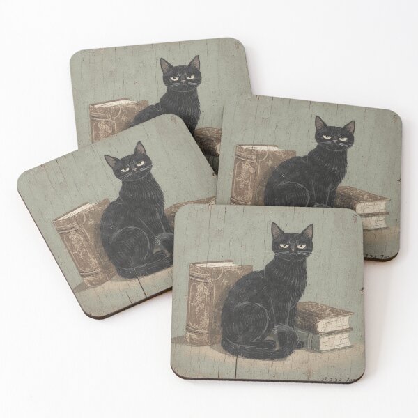 Item preview, Disgruntled Black Cat Guarding a Stack of Spellbooks Folk Art designed and sold by PictorialWhimsy.