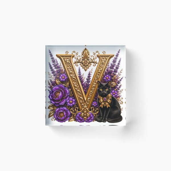 Item preview, Floral Letter V with Black Cat | Lavender Botanical Monogram | Elegant Gold Initial Design designed and sold by MoodLay.