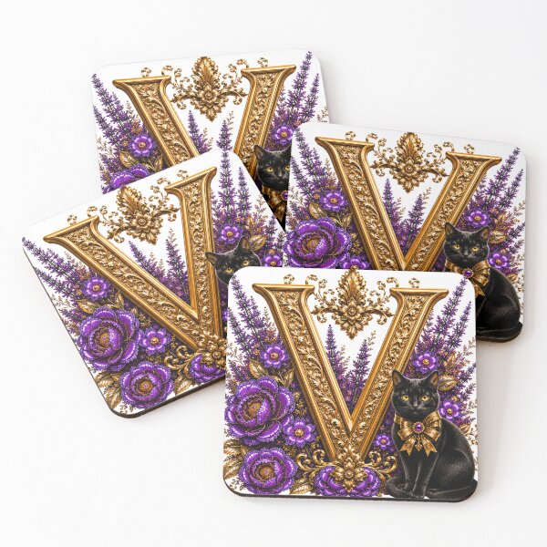 Item preview, Floral Letter V with Black Cat | Lavender Botanical Monogram | Elegant Gold Initial Design designed and sold by MoodLay.