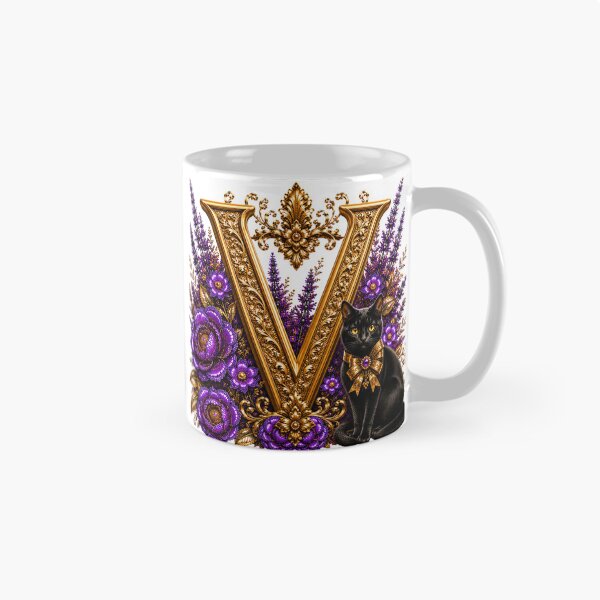 Item preview, Floral Letter V with Black Cat | Lavender Botanical Monogram | Elegant Gold Initial Design designed and sold by MoodLay.
