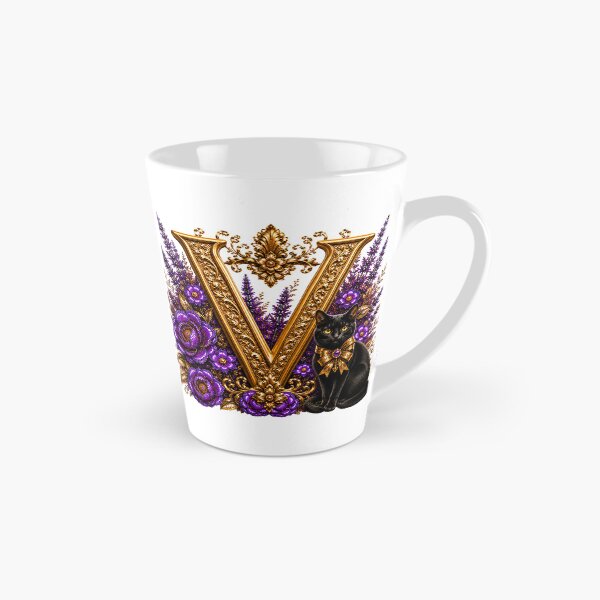 Item preview, Floral Letter V with Black Cat | Lavender Botanical Monogram | Elegant Gold Initial Design designed and sold by MoodLay.