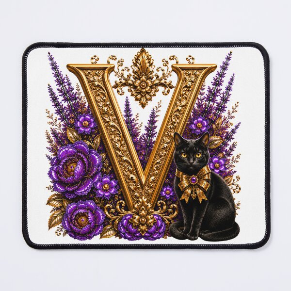 Item preview, Floral Letter V with Black Cat | Lavender Botanical Monogram | Elegant Gold Initial Design designed and sold by MoodLay.