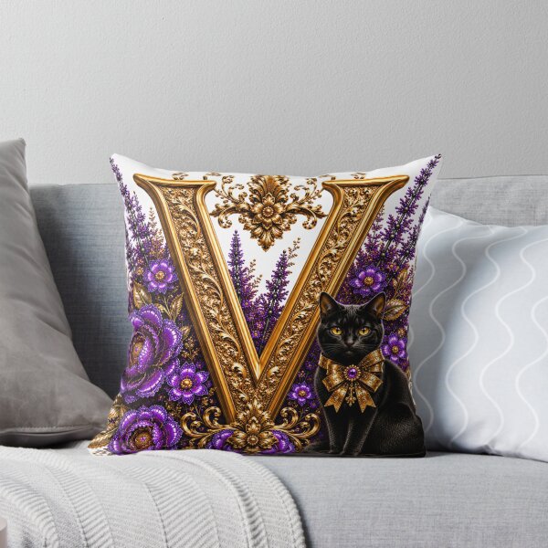 Item preview, Floral Letter V with Black Cat | Lavender Botanical Monogram | Elegant Gold Initial Design designed and sold by MoodLay.
