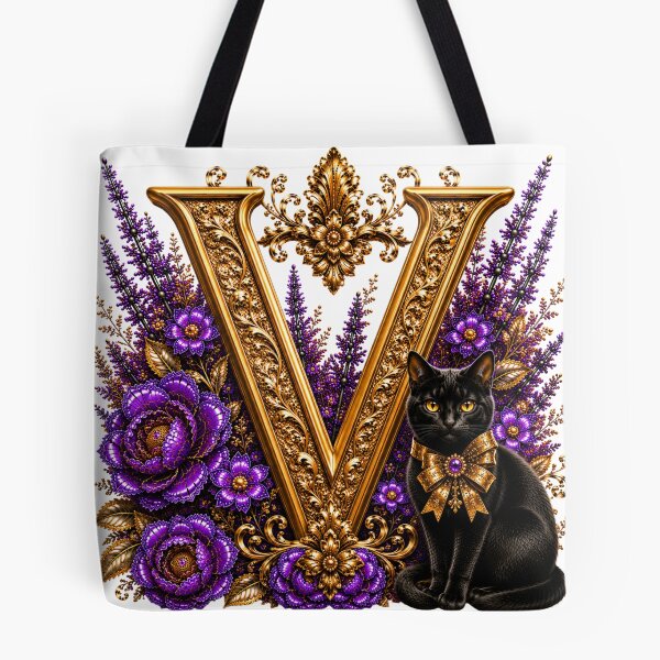 Item preview, Floral Letter V with Black Cat | Lavender Botanical Monogram | Elegant Gold Initial Design designed and sold by MoodLay.