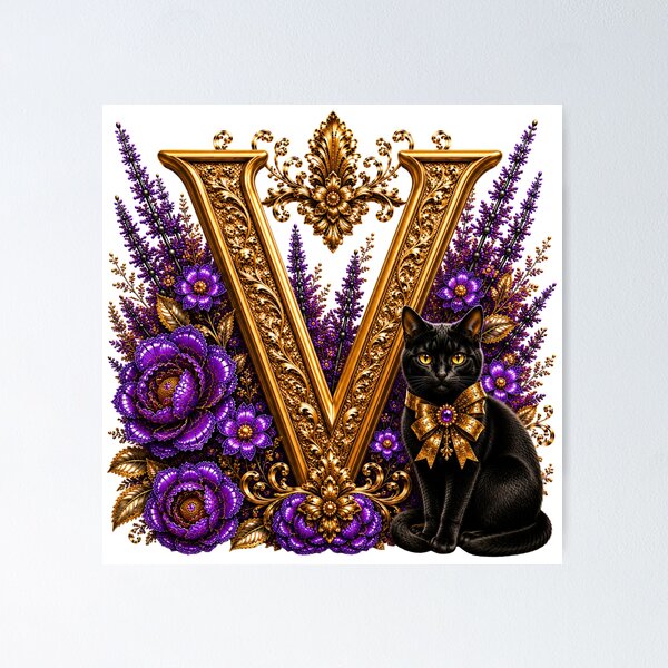 Item preview, Floral Letter V with Black Cat | Lavender Botanical Monogram | Elegant Gold Initial Design designed and sold by MoodLay.