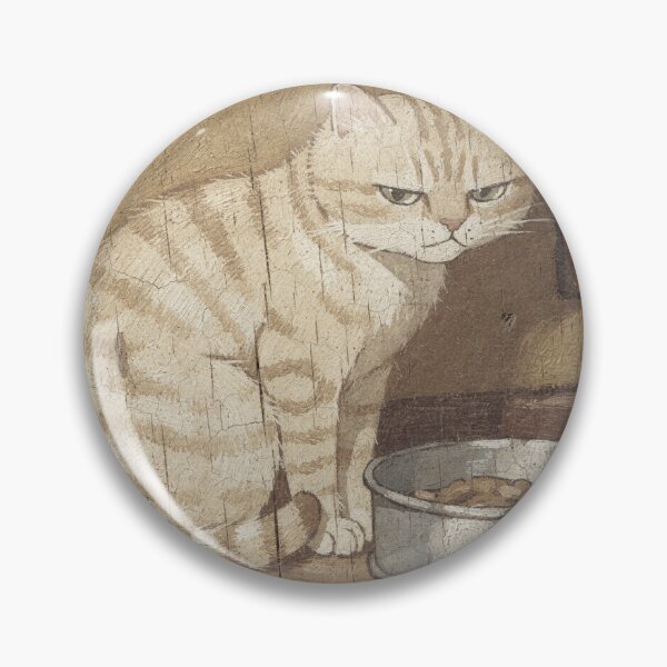 Item preview, Round Cream Tabby Loaf Judging the Empty Food Bowl Folk Art designed and sold by PictorialWhimsy.