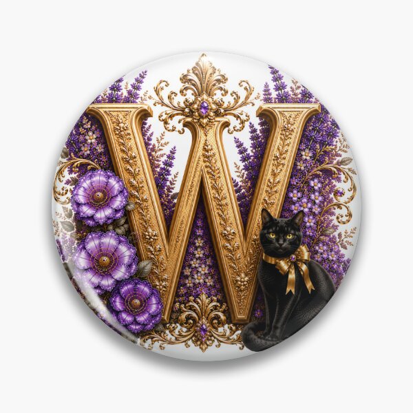 Item preview, Floral Letter W with Black Cat | Lavender Botanical Monogram | Elegant Gold Initial Design designed and sold by MoodLay.