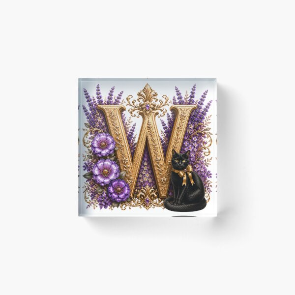 Item preview, Floral Letter W with Black Cat | Lavender Botanical Monogram | Elegant Gold Initial Design designed and sold by MoodLay.