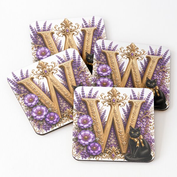 Item preview, Floral Letter W with Black Cat | Lavender Botanical Monogram | Elegant Gold Initial Design designed and sold by MoodLay.