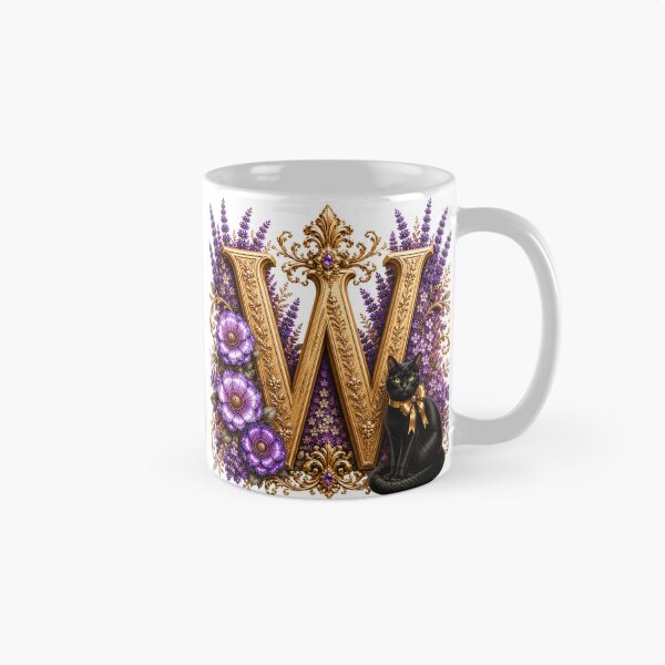 Item preview, Floral Letter W with Black Cat | Lavender Botanical Monogram | Elegant Gold Initial Design designed and sold by MoodLay.