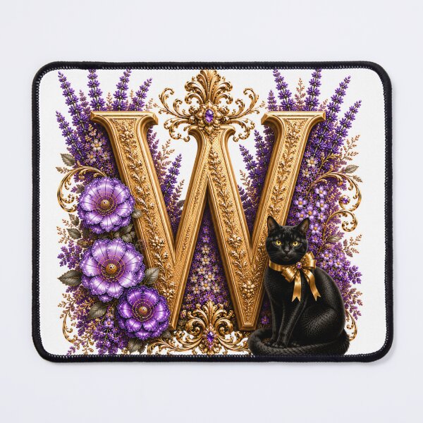 Item preview, Floral Letter W with Black Cat | Lavender Botanical Monogram | Elegant Gold Initial Design designed and sold by MoodLay.