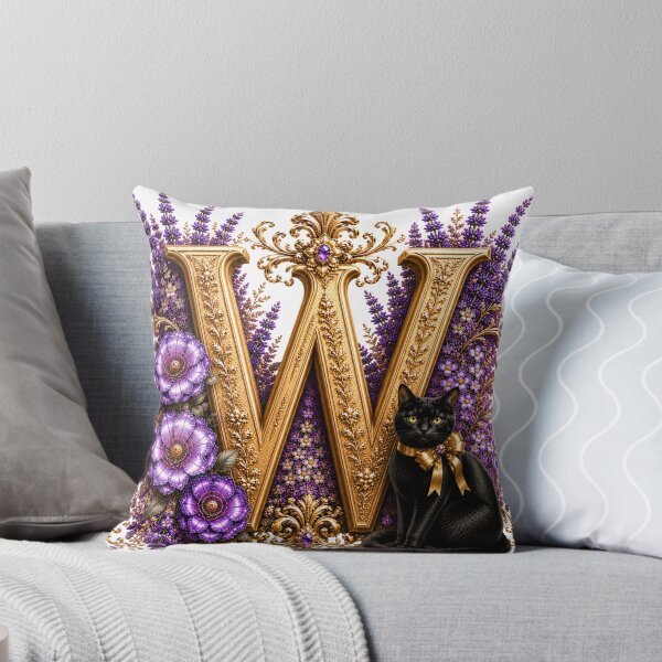 Item preview, Floral Letter W with Black Cat | Lavender Botanical Monogram | Elegant Gold Initial Design designed and sold by MoodLay.