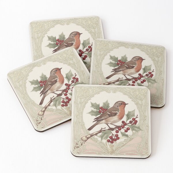 Item preview, Art Nouveau Robin on a Holly Branch in Gold designed and sold by PictorialWhimsy.