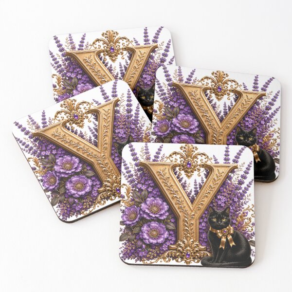 Item preview, Floral Letter Y with Black Cat | Lavender Botanical Monogram | Elegant Gold Initial Design designed and sold by MoodLay.
