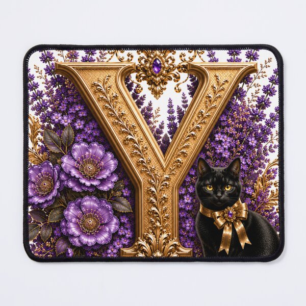 Item preview, Floral Letter Y with Black Cat | Lavender Botanical Monogram | Elegant Gold Initial Design designed and sold by MoodLay.